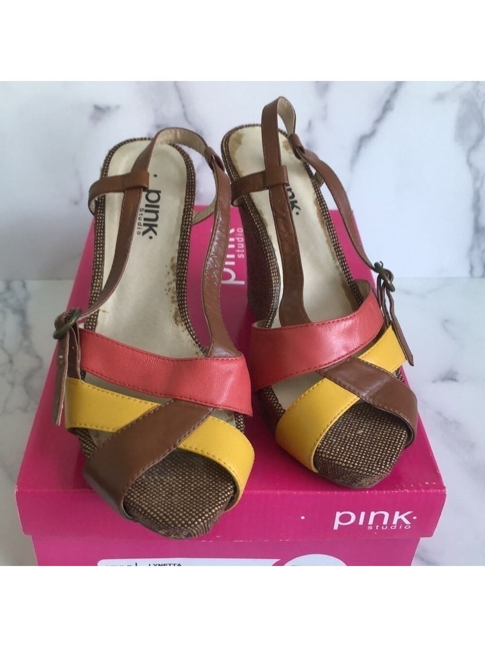 Pink Studio Anthropologie Lynetta Two Tone Leather Strap Wedge Sandals Size 6